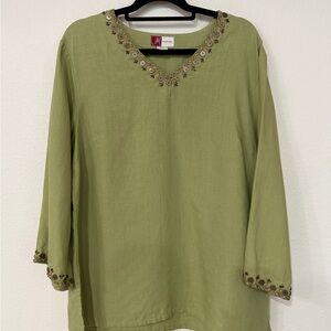 JM Collection Olive Green Embroidered V-Neck Tunic